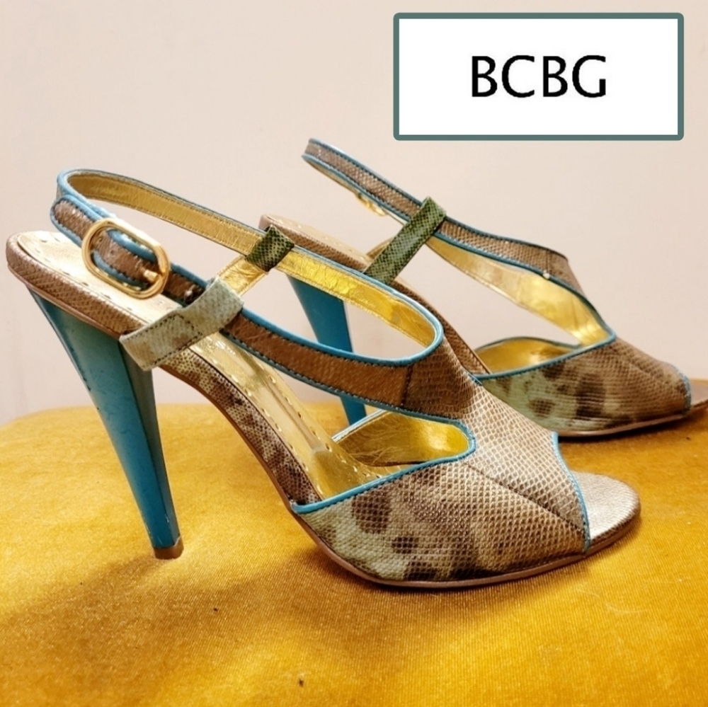 BCBGirls Snakeskin Print Turquoise Open Toe Buckle Strap Pumps Heels